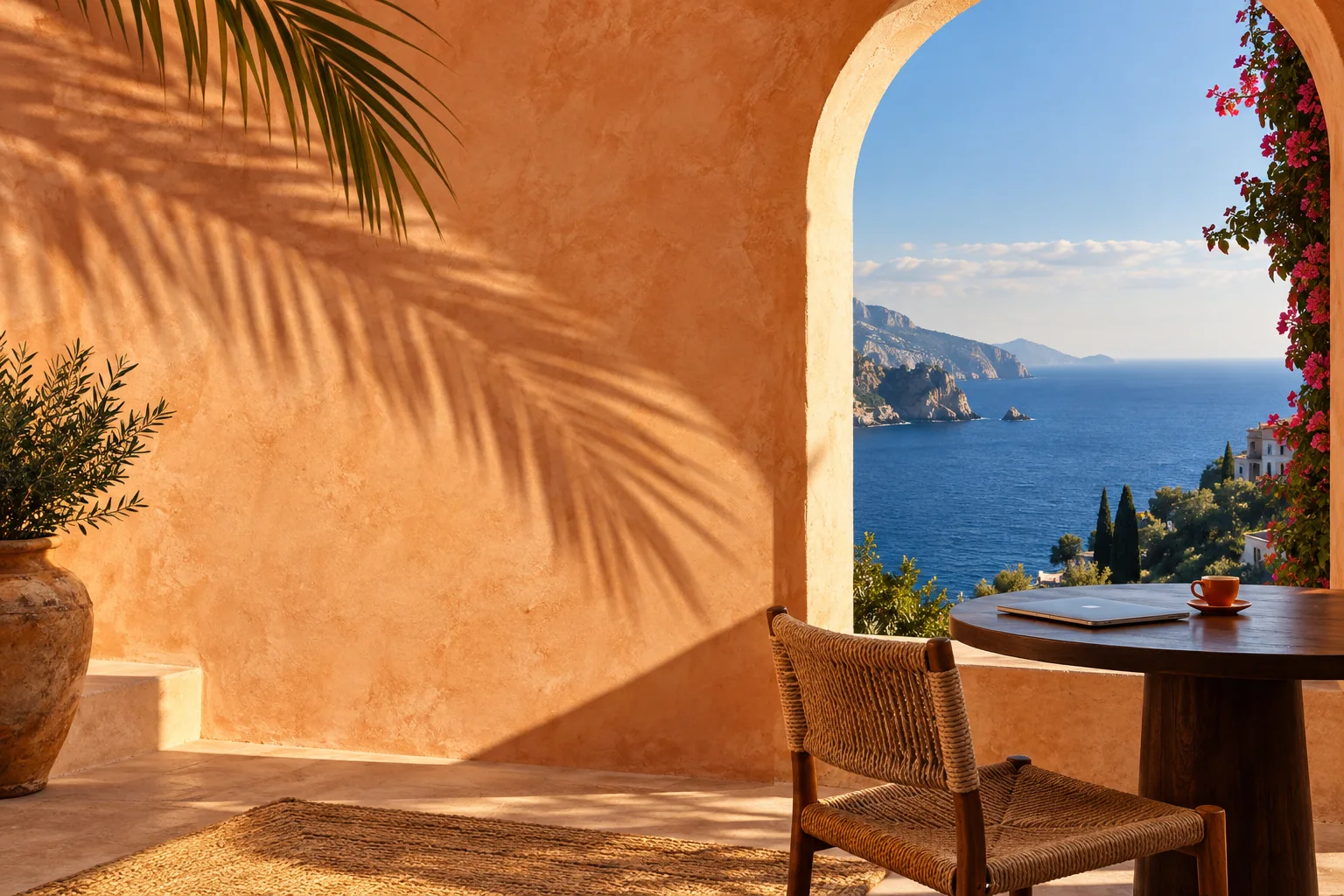 A sunlit terracotta terrace overlooking the sea, with a closed laptop and coffee on a small table